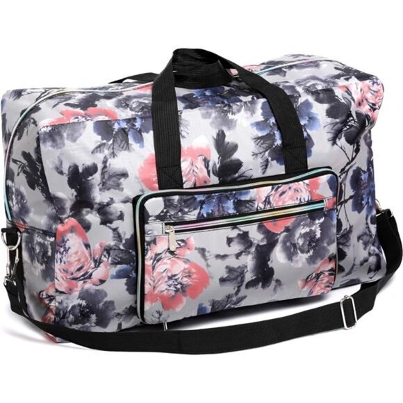 Gray Floral Print Large Duffel Bag‎ Overnight Weekender Bag Carry On Crossbody - Picture 2 of 4